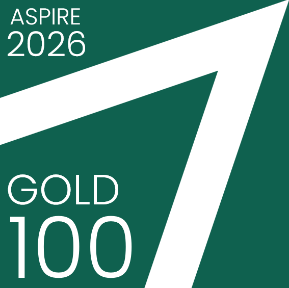 Graphic banner with white diagonal stripe on dark green background, showing 'ASPIRE 2026' and 'GOLD 100' text. Informs a program/award logo.
